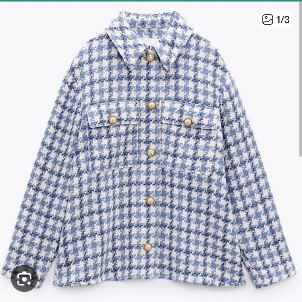 Zara Tweed Jacket Shacket in Blue and White with Gold Pearl Buttons Sz L